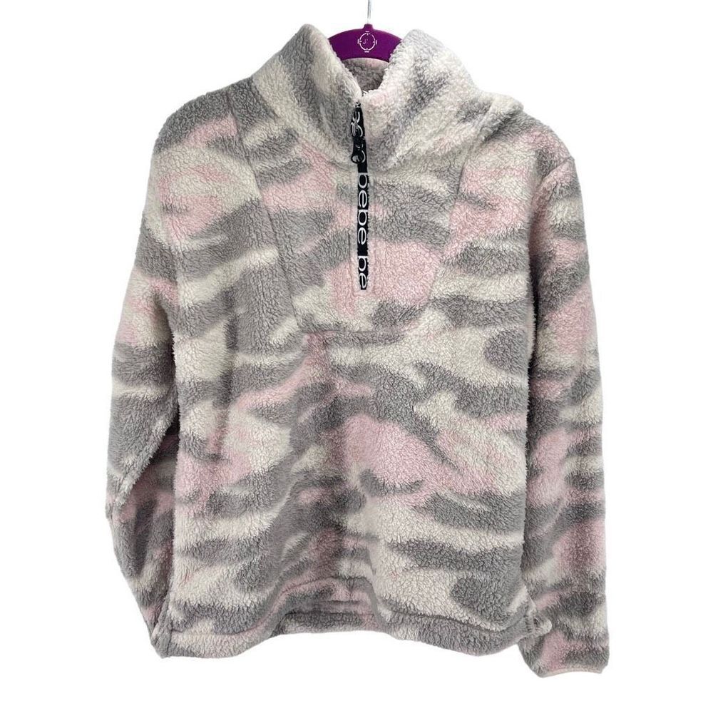 Bebe Womens Camouflage Sweater Mock Neck Long Sleeve Fleece Pink Gray Medium